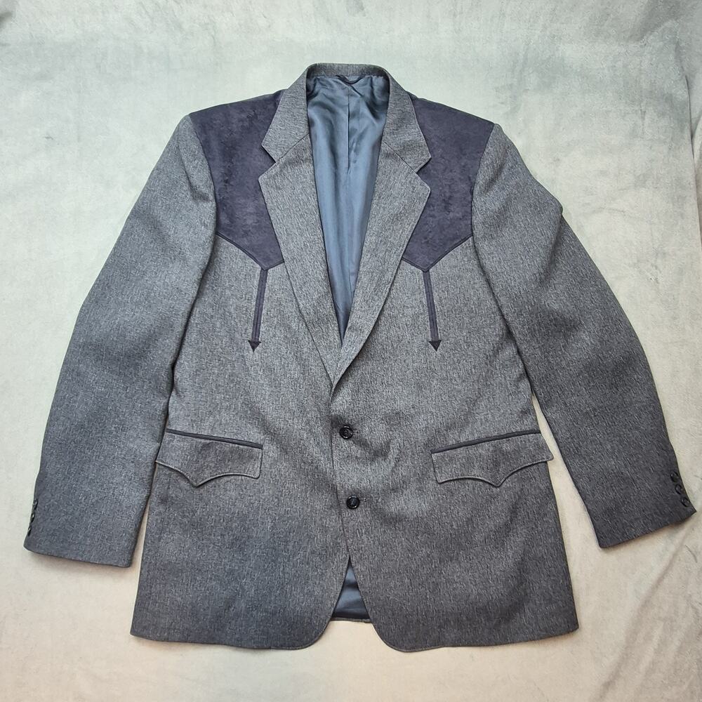 Circle S Western Blazer Mens 46L Blue Gray Rockabilly Yoke Sport Coat Vintage